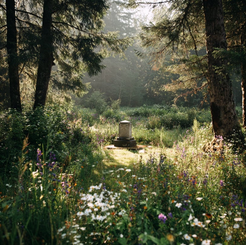 Sunlight filters through tall trees over a peaceful green burial site with a simple headstone surrounded by wildflowers. This natural setting reflects the serene, eco-friendly options available at cemeteries in Troy, NY.