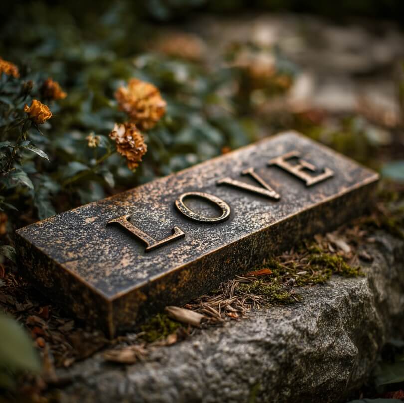 A close-up of a stone memorial engraved with the word “LOVE,” resting among greenery and flowers, symbolizing enduring remembrance. This illustrative image reflects the meaningful and personalized tributes families may choose in cemeteries in Schenectady, NY, highlighting the lasting impact memorials can have on healing and honoring a loved one.