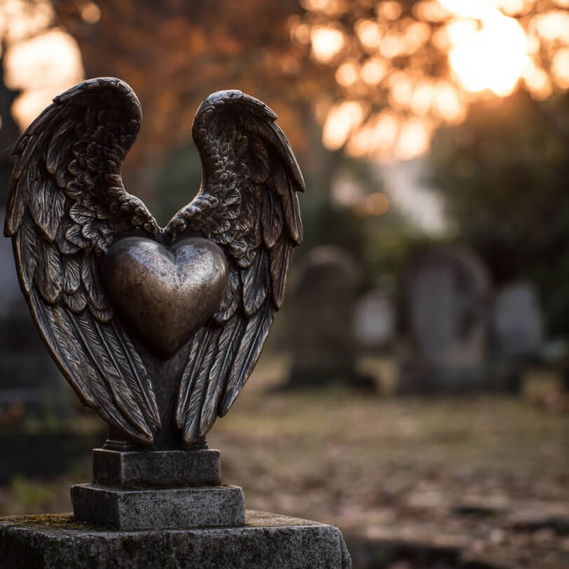 A heart-shaped angel wing memorial statue set against a softly blurred cemetery background at sunset, symbolizing love and remembrance. Images like this reflect the meaningful tributes families may choose in cemeteries in Albany, NY to honor a life of love and legacy.