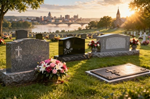 Cemetery landscape with headstones and monuments near chapel Schenectady, NY