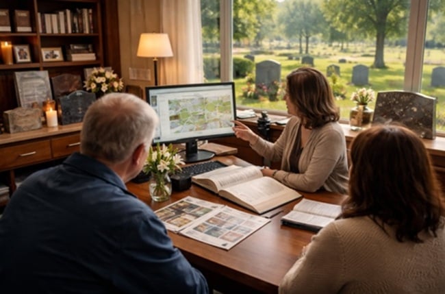 Cemetery office staff assisting burial records cemetery services Albany, NY