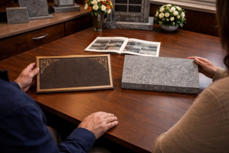 Family comparing bronze plaque and granite marker memorial selection Albany, NY