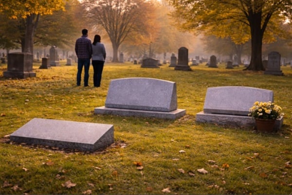 A couple stands together in a peaceful cemetery, viewing different headstone styles including flat, slant, and bevel markers set among autumn trees. The image reflects the topic Flat vs. Slant vs. Bevel Markers: How Families Choose the Right Style and highlights options commonly seen in cemeteries in Albany, NY.