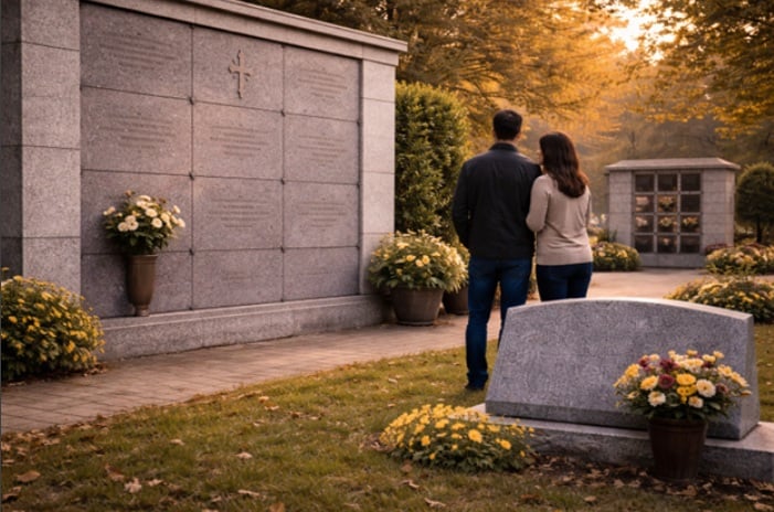 A couple stands quietly before a columbarium wall adorned with flower arrangements, surrounded by landscaped greenery and soft evening light. The image reflects What Visiting a Columbarium Feels Like: A Guide for First-Time Visitors and captures the peaceful atmosphere often found in cemeteries in Schenectady, NY.