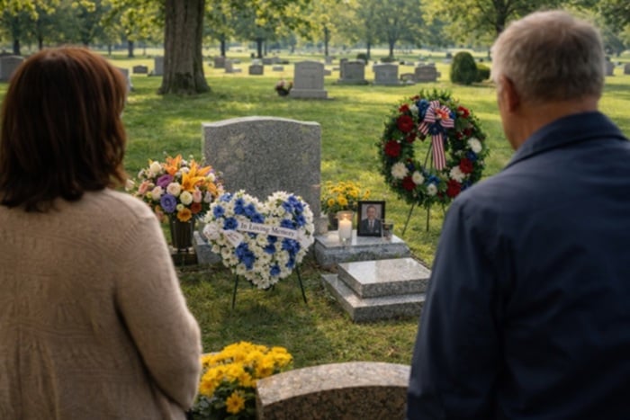 Family visiting gravesite with flowers and wreaths cemetery services Delmar, NY