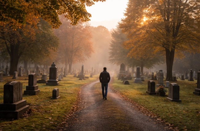 A lone visitor walks along a tree-lined path in a peaceful cemetery at sunrise, surrounded by autumn foliage and softly lit headstones. The scene reflects the theme of Best Times to Visit a Cemetery for Quiet Reflection in Albany Area and the serene atmosphere found in cemeteries in Delmar, NY.