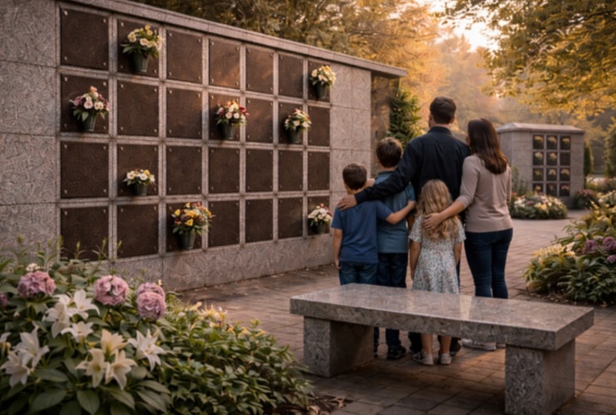 A family of four stands together in front of a columbarium wall adorned with flower arrangements, sharing a quiet moment of remembrance in a peaceful outdoor setting. The image reflects What Visiting a Columbarium Feels Like: A Guide for First-Time Visitors and captures the calm, reflective atmosphere often found in cemeteries in Schenectady, NY.