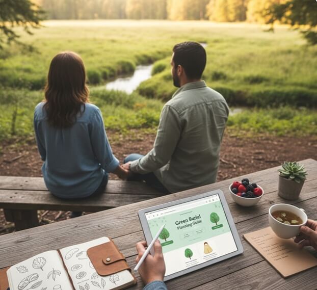 A couple sitting outdoors near a peaceful meadow and creek, thoughtfully discussing plans for a natural burial. This illustrative image reflects preparing for green burial conversations with loved ones and the options families may consider in cemeteries in Schenectady, NY.