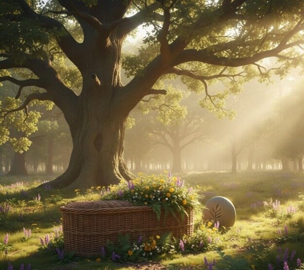 A peaceful green burial site in a sunlit forest meadow, featuring a woven wicker casket nestled among wildflowers and greenery beneath an ancient tree.