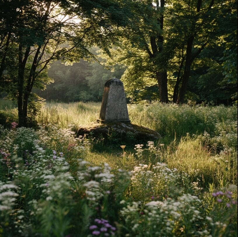 A simple natural stone marker surrounded by wildflowers and tall grass in a serene woodland setting, symbolizing an eco-friendly resting place. This illustrative image reflects preparing for green burial conversations with loved ones and the natural burial options families may explore in cemeteries in Schenectady, NY.