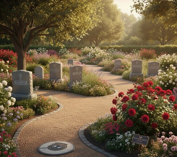 A serene garden setting with winding pathways, upright headstones, and vibrant flower beds in bloom, reflecting the beauty and tranquility often found in cemeteries in Albany, NY. The peaceful landscape captures the essence of choosing memorials that honor a life of love and lasting legacy.