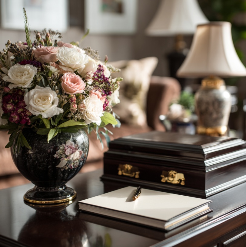 A decorative urn displayed beside a floral arrangement and memorial book in a peaceful home setting, symbolizing remembrance and planning. This illustrative image complements a gentle introduction to cremation for first-time planners and the memorial options families may consider in cemeteries in Schenectady, NY.