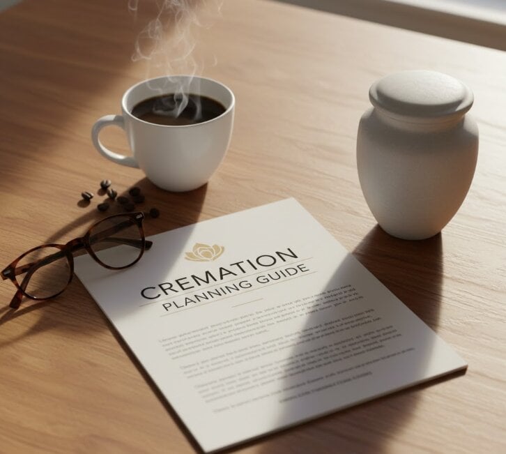 A cremation planning guide resting on a table beside a warm cup of coffee and an urn, symbolizing thoughtful preparation and reflection. This illustrative image supports a gentle introduction to cremation for first-time planners and the options families may consider alongside services offered in cemeteries in Schenectady, NY.