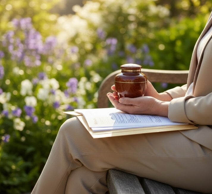 A person holding a small keepsake urn in a sunlit garden, symbolizing the quiet comfort and reflection that cremation planning can bring during times of grief. This illustrative image relates to how thoughtful arrangements, including options available through cemeteries in Troy, NY, can provide families with peace and reassurance.