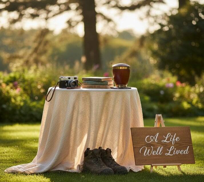 A personalized memorial display featuring a vintage camera, travel books, hiking boots, and an urn beside a sign reading “A Life Well Lived,” symbolizing a tribute to a loved one’s passions and legacy. This illustrative image reflects what families value most in personalized memorial services, including meaningful options they may consider in cemeteries in Albany, NY.