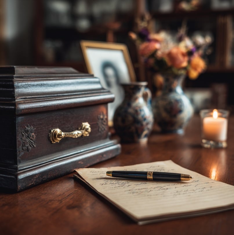 A wooden cremation urn placed on a table beside a candle, framed photo, and planning documents, representing thoughtful preparation and remembrance. This illustrative image reflects how cremation planning can bring comfort to families in grief, including the memorial options they may consider in cemeteries in Troy, NY.