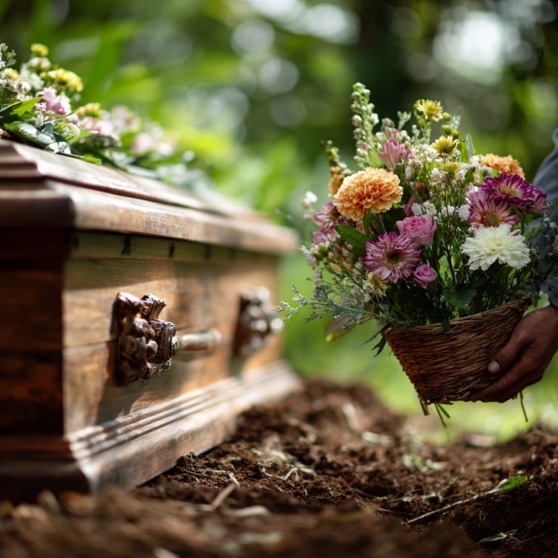 A simple wooden casket being gently lowered into the earth beside a bouquet of fresh flowers, symbolizing a natural and eco-friendly farewell. This illustrative image reflects why green burial appeals to environmentally minded families and the sustainable options they may explore in cemeteries in Schenectady, NY.