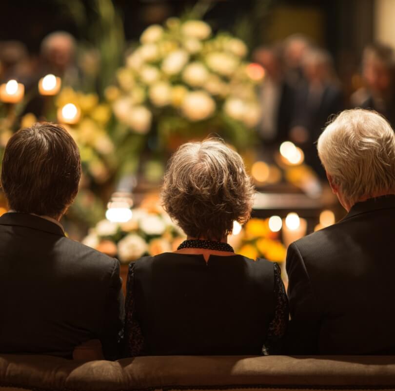 Three family members seated together at a memorial service, surrounded by soft candlelight and floral arrangements, reflecting shared remembrance and support. This illustrative image connects to what families value most in personalized memorial services, including meaningful gatherings and tribute options available in cemeteries in Albany, NY.