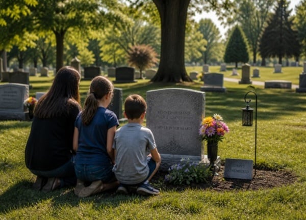 Family honoring loved one at gravesite in Albany, NY with flowers and quiet reflection.