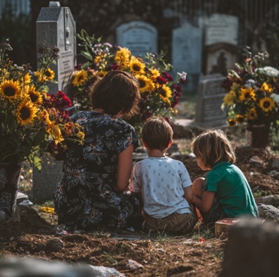 Adult and two children sitting by a flower-covered grave in Albany, NY cemetery. 