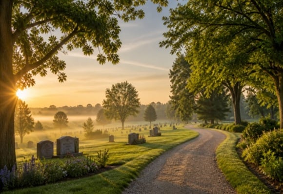 Peaceful cemetery in Delmar, NY with winding path, trees, and headstones at sunrise