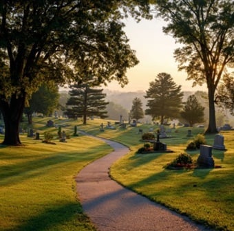 Peaceful cemetery in Delmar, NY at sunrise with winding path, green lawns, trees, and headstones. 