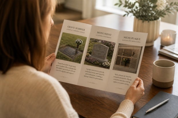Person reviewing brochure comparing grave marker, monument, and niche plaque options in Schenectady, NY.