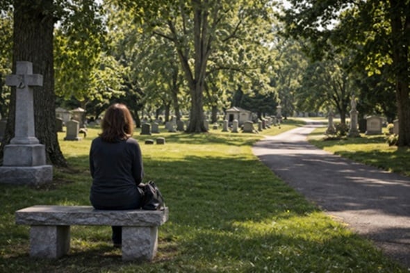 A person sitting alone on a stone bench overlooking a sunlit cemetery path lined with trees and headstones in Schenectady, NY