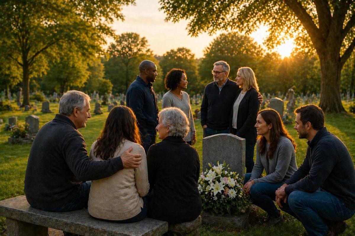 Family and friends gathered in a peaceful cemetery in Schenectady, NY during sunset remembrance.