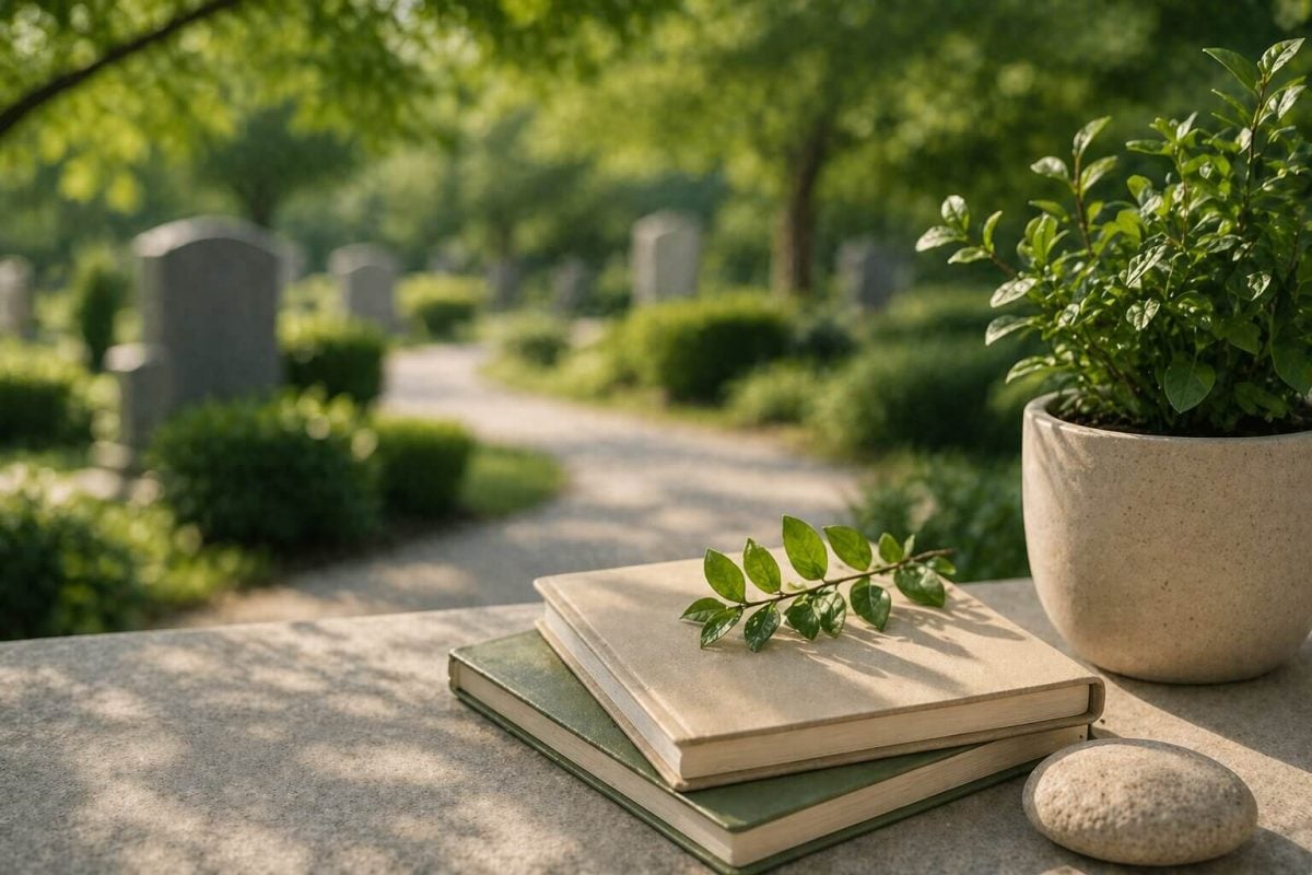 Serene cemetery pathway with greenery and memorial garden setting in Albany, NY. 