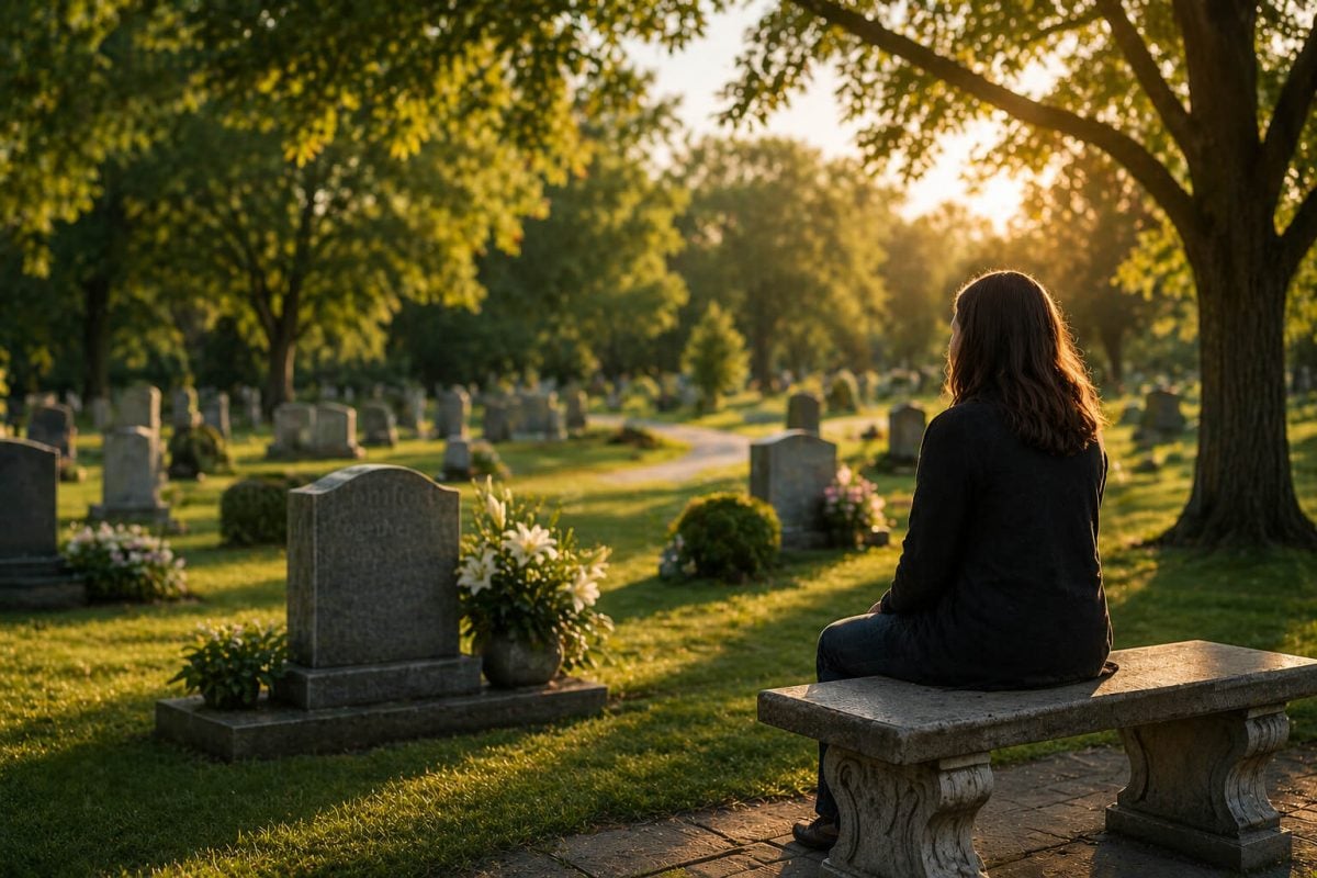 Peaceful cemetery in Schenectady, NY with benches, trees, gravestones, and walking paths at sunset.