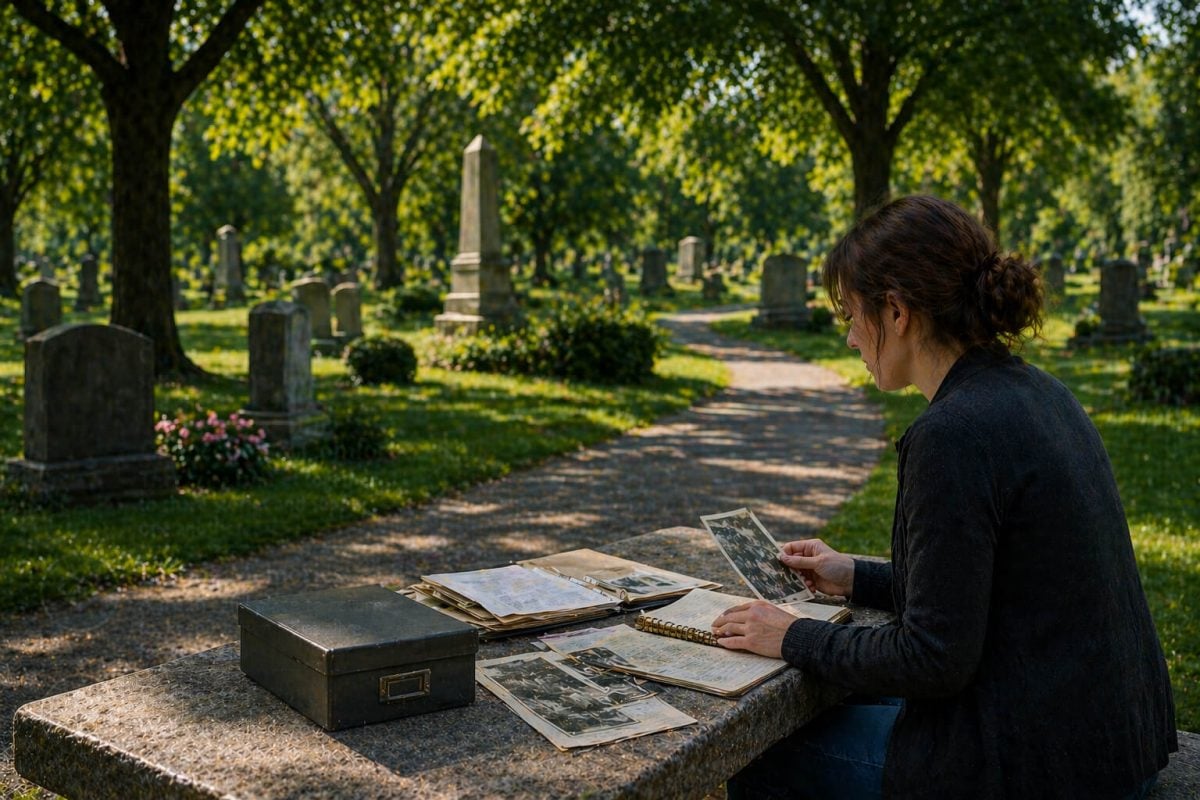 Person examining family records in a peaceful cemetery setting in Troy, NY.