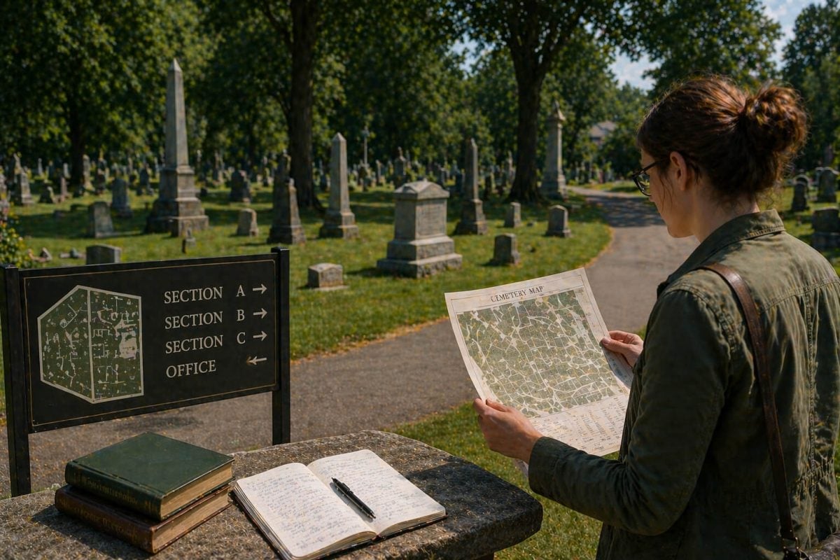 Person reviewing cemetery records and maps in Troy, NY near gravestones and trees.