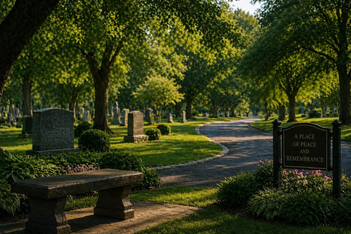 Serene cemetery pathway with shaded bench and memorial grounds in Schenectady, NY.