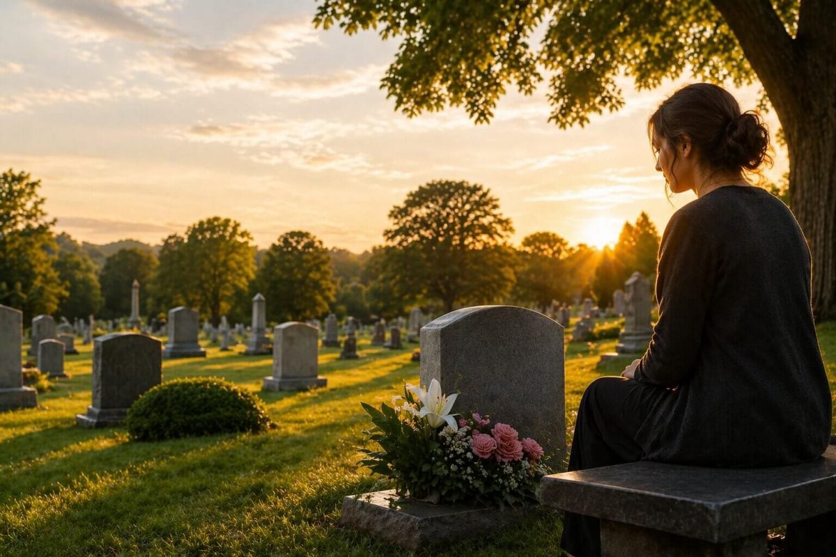 Woman reflecting beside a gravestone in a peaceful cemetery setting in Schenectady, NY.