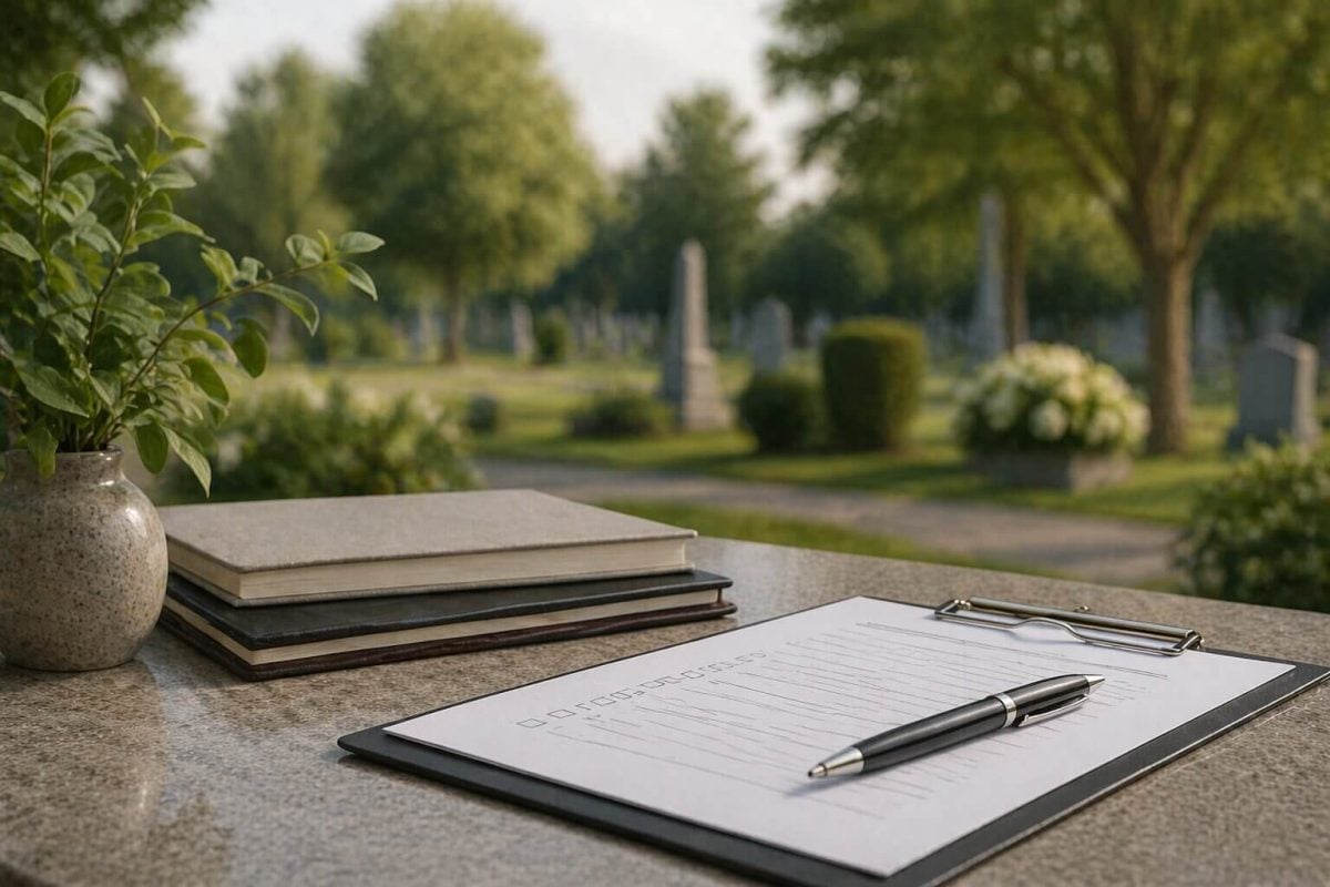 Peaceful cemetery garden with books, plants, and a reflective pathway in Albany, NY.
