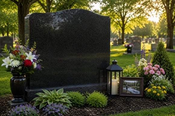 Personalized memorial headstone with flowers and lantern Delmar, NY.