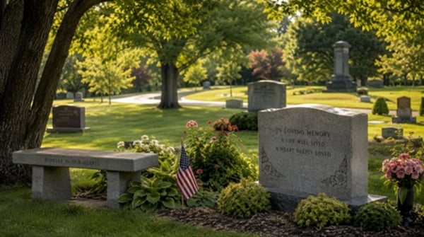 Peaceful cemetery memorial garden with engraved headstones Delmar, NY