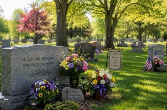 Memorial flowers surrounding granite headstone Schenectady, NY.