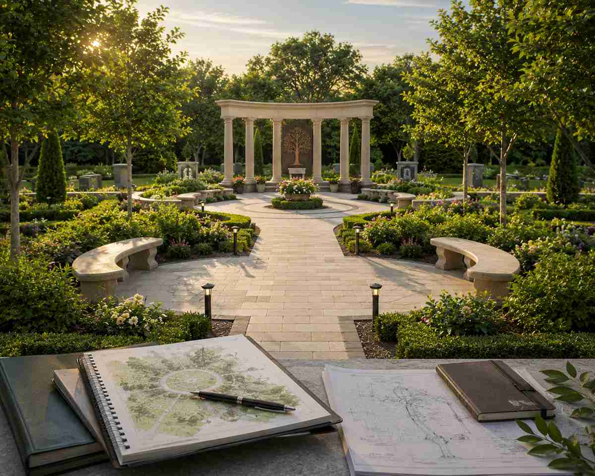 Cemetery plot selection setting in Schenectady, NY, showcasing landscaped pathways, memorial designs, and tranquil gardens.