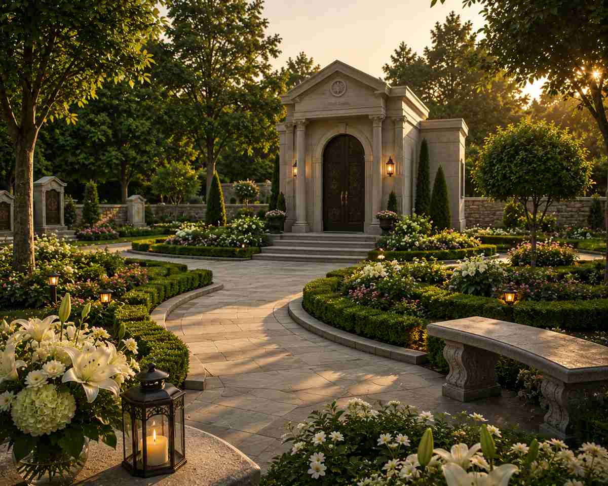 Cemetery services for burial and memorial options in Troy, NY, showcase a tranquil mausoleum and garden pathways.