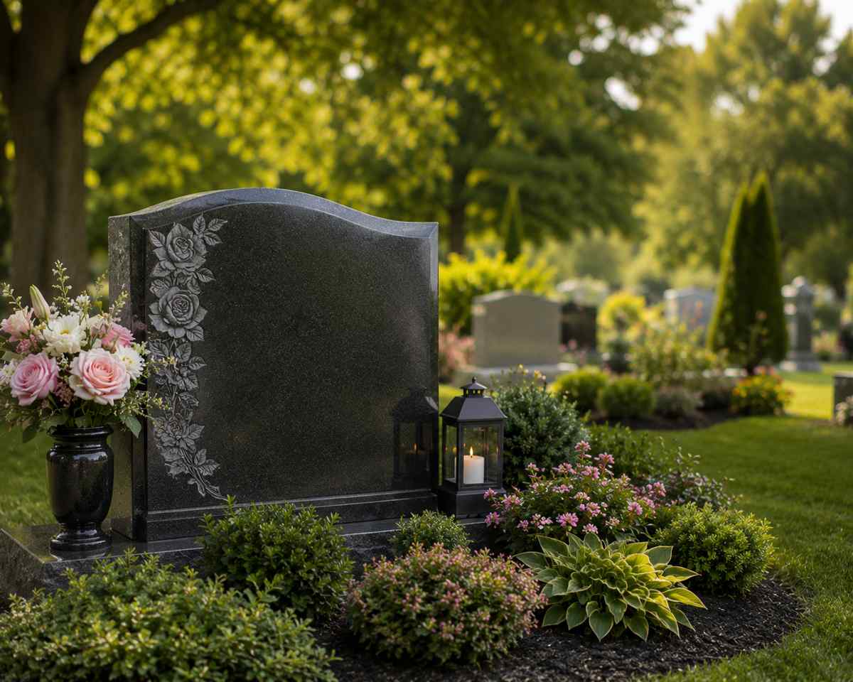 Elegant cemetery memorial design in Albany, NY, featuring a polished headstone, floral arrangements, and landscaped.