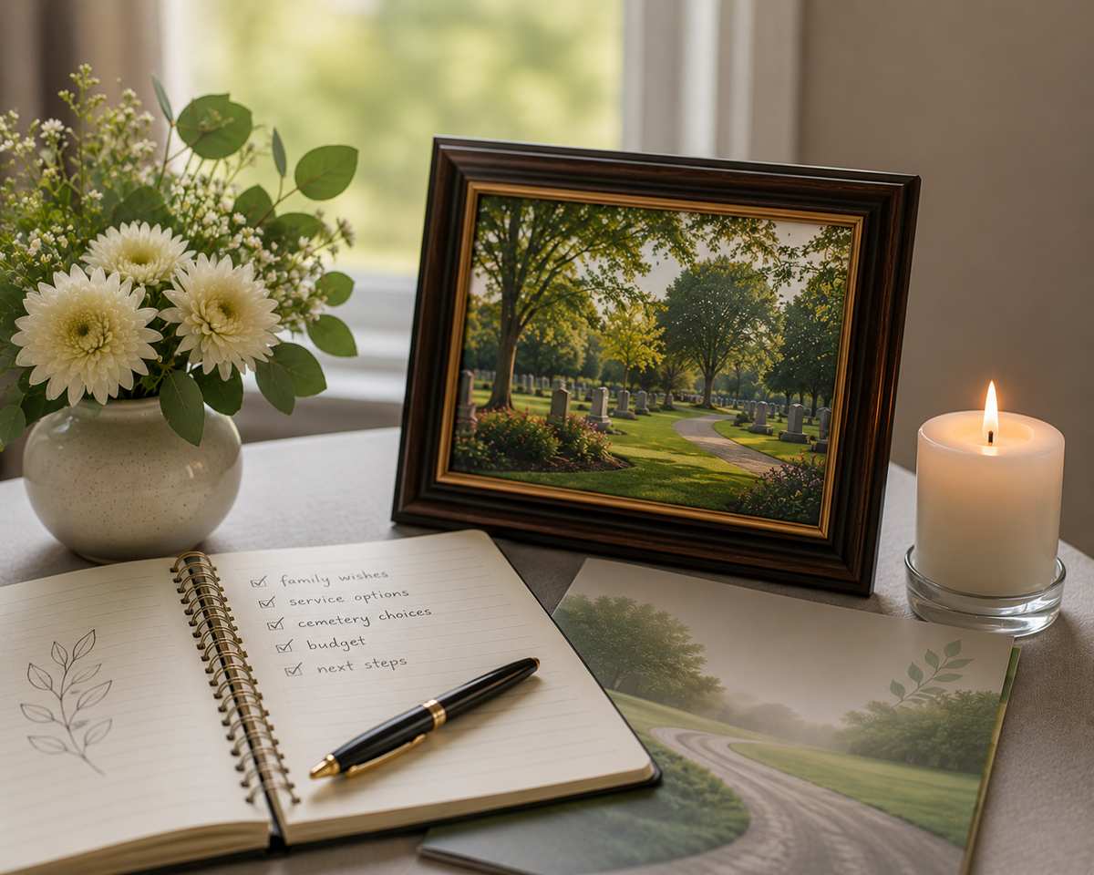 Memorial display supporting cemetery planning needs in Troy, NY, featuring candles, flowers, and framed photos.