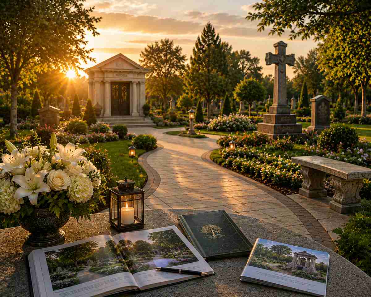 Refined burial planning needs in Troy, NY, showcasing memorial brochures, remembrance flowers, and tranquil cemetery spaces.