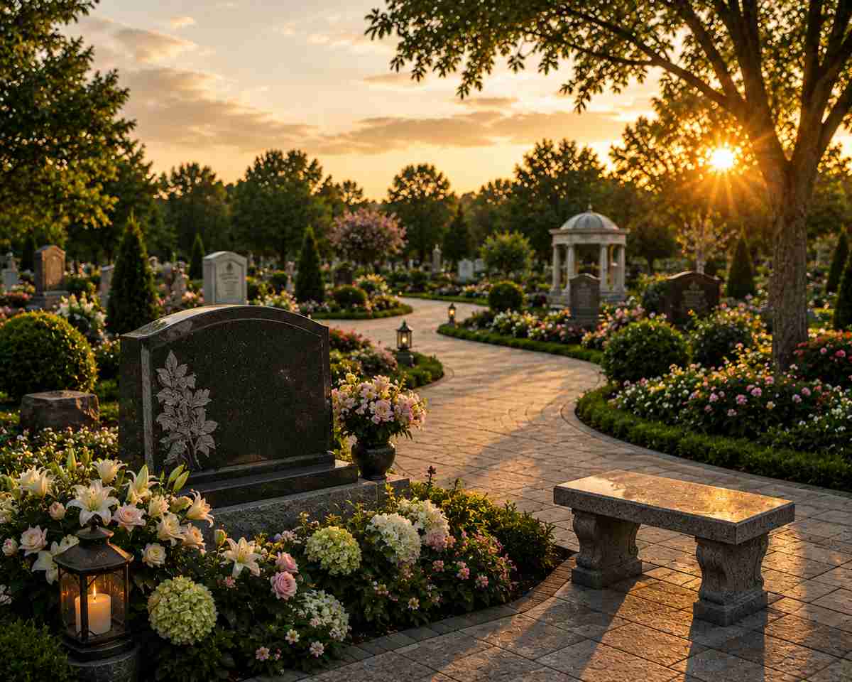 Timeless remembrance garden in Albany, NY, with landscaped memorial pathways and decorative stone monuments.
