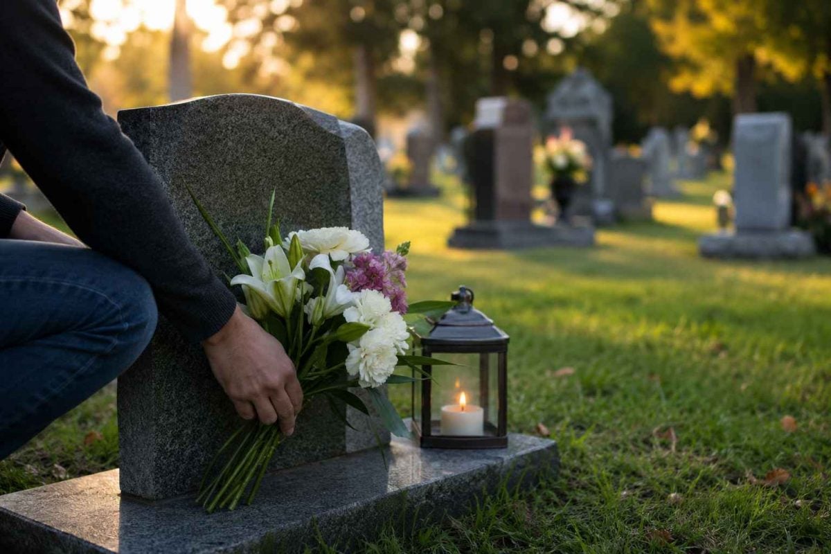 Honoring a loved one's memory with flowers and a glowing candle lantern during a quiet cemetery visit in Albany, NY.