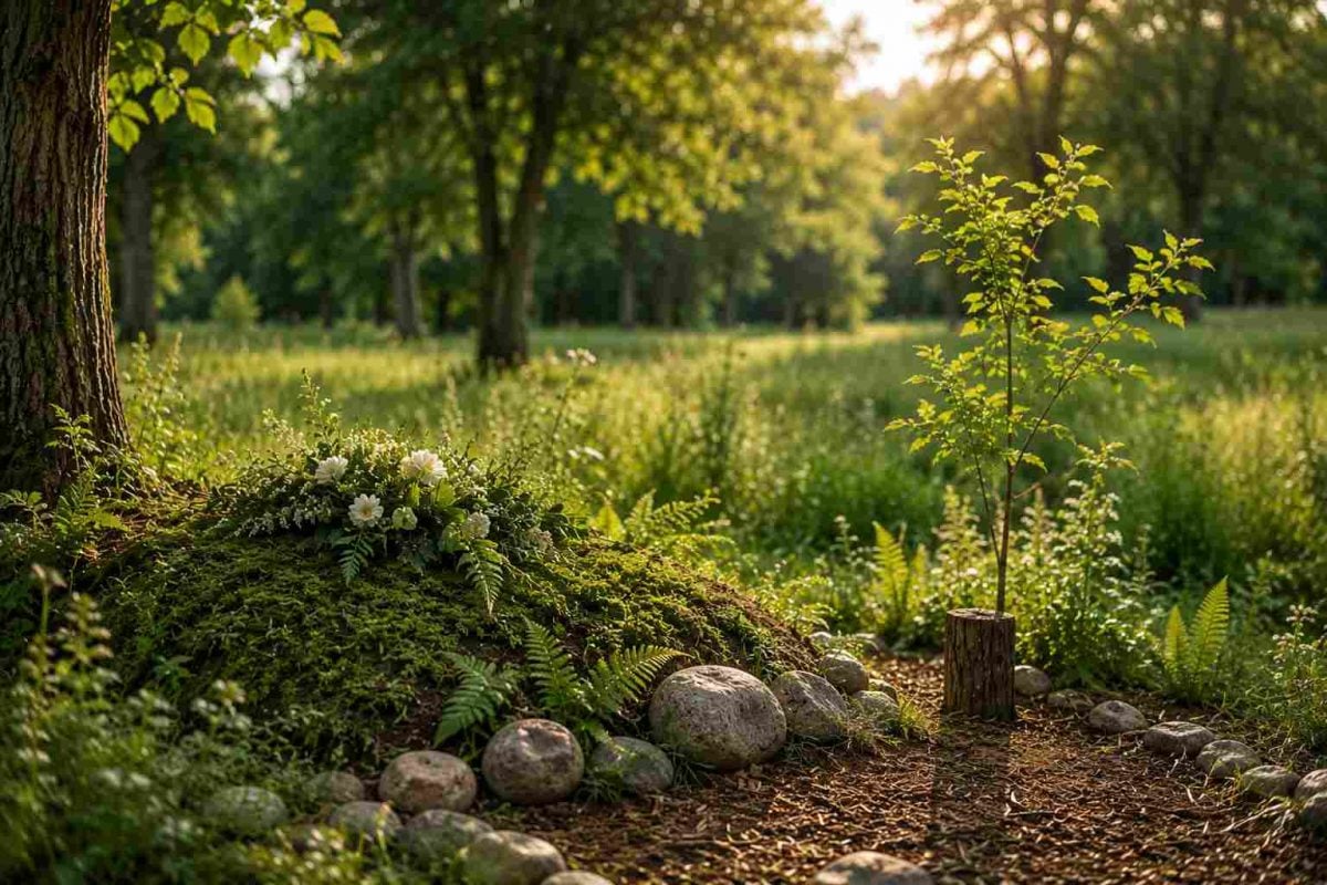 A peaceful green burial site in Schenectady, NY featuring natural landscaping, wildflowers, and a memorial tree.
