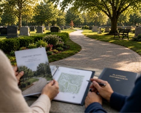 Planning materials overlooking peaceful cemetery landscape in Schenectady, NY