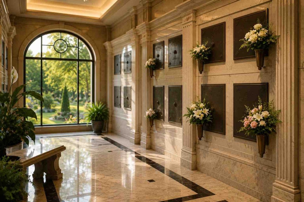 Elegant mausoleum space in Troy, NY with memorial plaques, flowers, and a serene atmosphere for remembrance.
