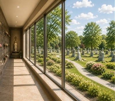Indoor columbarium corridor overlooking peaceful cemetery gardens in Delmar, NY